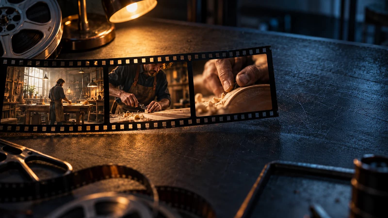 Urednička ilustracija triju povezanih filmskih kadrova stolara u radionici
